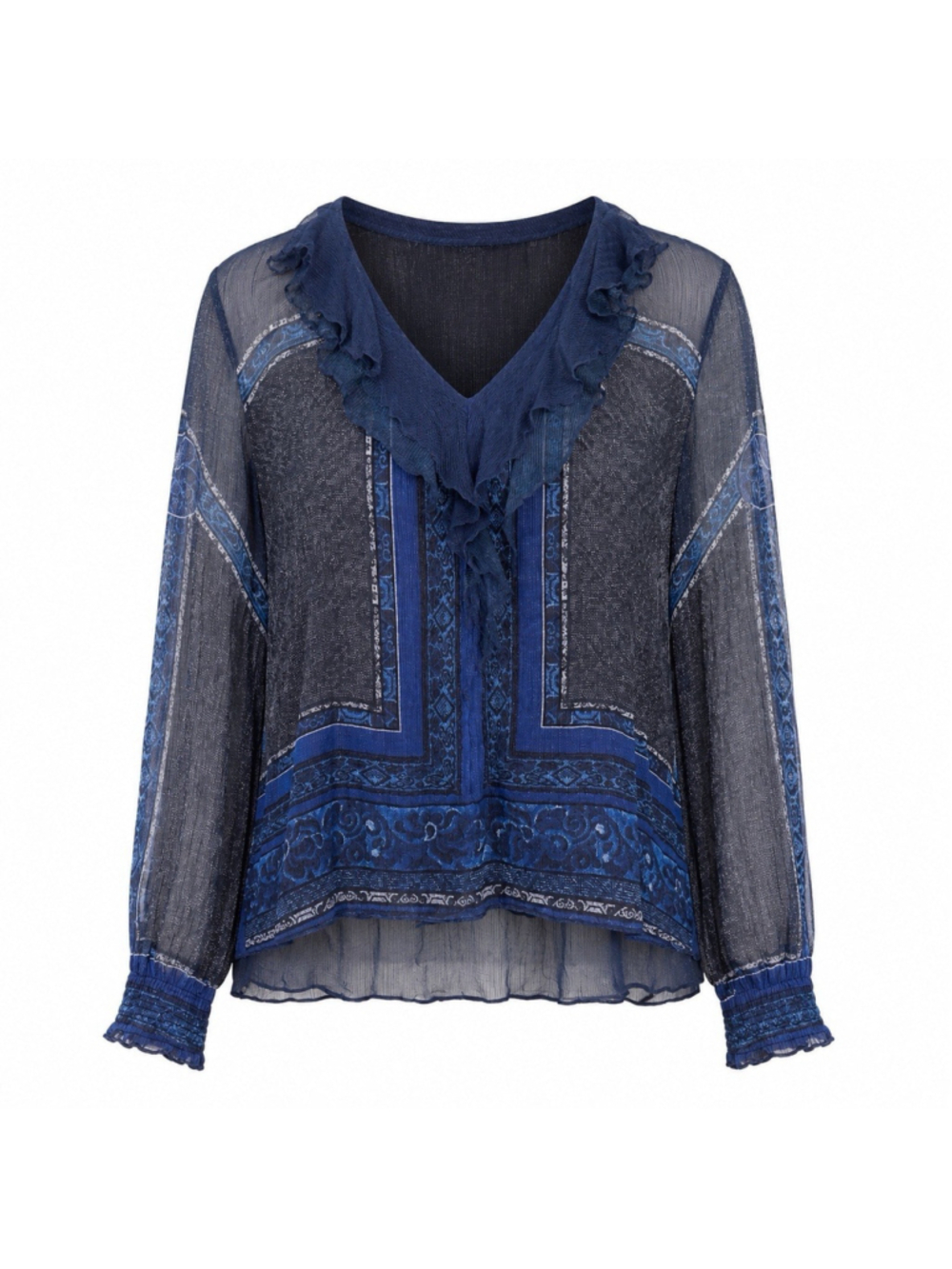Kobi Halperin 100% Silk Sheer Peasant Bandanna Ruffle Bohemian Top Blouse L